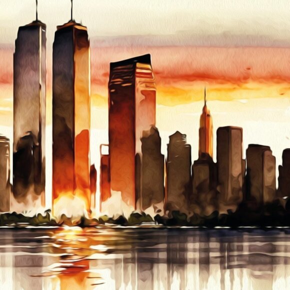 20x30 Twin Towers New York City Pre 911 Sunset Watercolor Art Poster - Picture 5 of 6